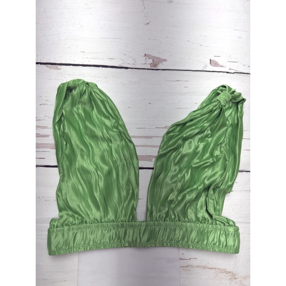 Princess Polly Green Pleated Satin Deep V-Neck Crop Top‎ US 2